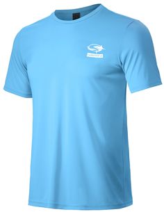 a light blue shirt with white lettering on the chest