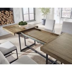 a dining room table with chairs and a potted plant on top of it in front of a fireplace