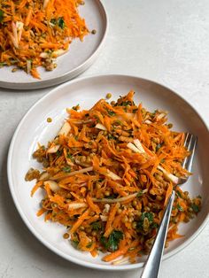 two plates with carrot salad on them and one plate has a fork next to it