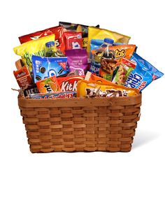 a basket filled with lots of different types of snacks