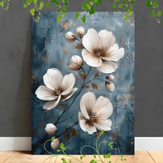 an abstract painting of white flowers on a blue background