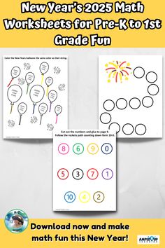 new year's math worksheets for pre - k to 1st grade students