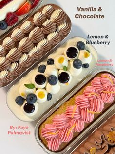 three trays filled with different types of desserts