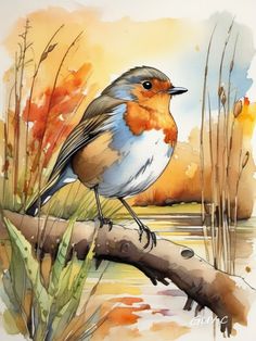 a watercolor painting of a bird sitting on a tree branch in front of some reeds