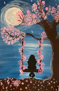 Cherry Blossom Drawing Tree, Peaceful Drawings Ideas, Peace Painting Ideas, Easy Cherry Blossom Painting, Spring Tree Drawing, Peaceful Drawings, Cherry Blossom Tree Drawing, Peaceful Paintings, Peaceful Drawing