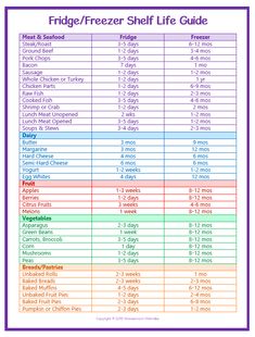 the fridge freezer shelf life guide is shown in purple and green, with an image of