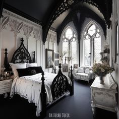 Gorgeous White Gothic Bedroom Gothic Revival Bedroom, Gothic Interior Bedroom, Gothic House Interior Bedrooms, Modern Goth Interior, Black And White Goth Bedroom