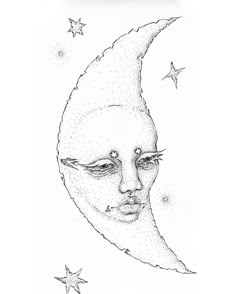 a drawing of a woman's face with stars around her head and the moon in the background