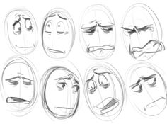 six different facial expressions drawn in pencil