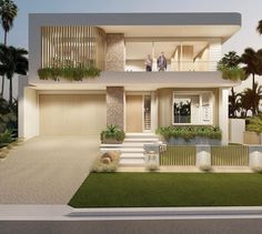 an artist's rendering of a two story house with palm trees in the background