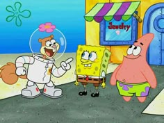 spongebob and his friends are talking in front of a jewelry store