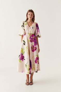 Gilda Bell Sleeve Midi Dress | Wild Hydrangea | Aje – Aje World Floral Linen Dress, A Line Wedding Guest Dress, Wild Hydrangea, Gathered Bodice, Knit Jumpsuit, Line Shopping, Denim Accessories, Party Outfits, Print Placement