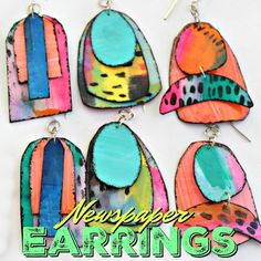 Newspaper Earrings, Watercolor Jewelry, Wonderland Jewelry, Paper Mache Projects, Paper Jewellery, Paper Bead Jewelry, Paper Earrings, Gelli Printing, Gel Press