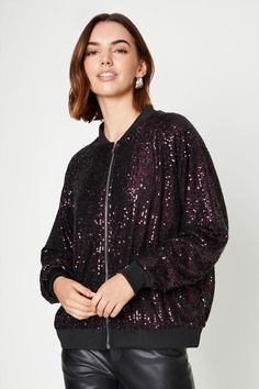 Sequin Bomber Jacket Tanned Makeup, Jacket Ideas, Velvet Clothes, Sequin Outfit, Spring Coat, Christmas Party Outfits, Sequin Jacket, Stylish Dress Designs, Fashion Face