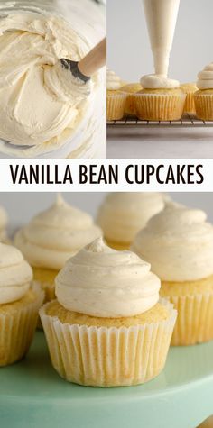 vanilla bean cupcakes with cream cheese frosting on top and in the middle