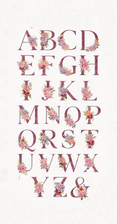 the letters and numbers are made up of floral designs on white paper with pink flowers