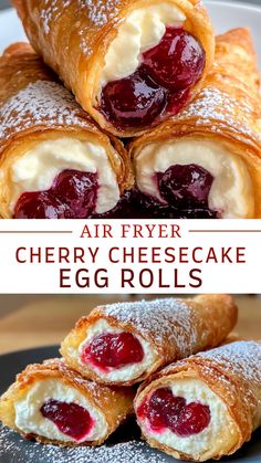 Pies Tarts and Cakes Recipes: Air Fryer Cherry Cheesecake Egg Rolls Air Fried Cheesecake, Egg Roll Apple Pie Air Fryer, Easy Air Fry Desserts, Crispy Cherry Cheesecake Egg Rolls, Dessert In The Air Fryer, Cherry Cheesecake Egg Roll Recipe, Air Fryer Cream Cheese Roll Ups, Cherry Egg Rolls, Air Fryer Christmas Desserts