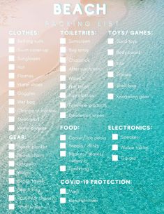 the beach packing list is shown in blue and green water, with white text on it