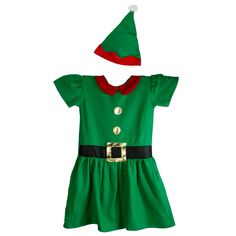 a green dress and red hat with gold buckles on the chest, for christmas