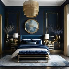 a bedroom with blue walls, gold accents and a large painting on the wall above the bed