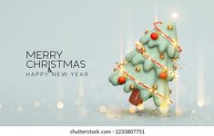 merry christmas and happy new year greeting card or poster design with green tree decorated with candy