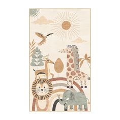 an animal themed rug with giraffes, zebras and birds on it