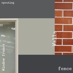 a brick wall and door with the words fence painted on it in white, black, and gray