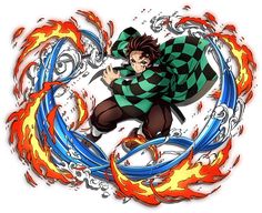 an anime character is flying through the air with fire and flames around him, as if he