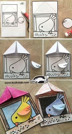 the instructions for how to make an origami bird in a cage with paper