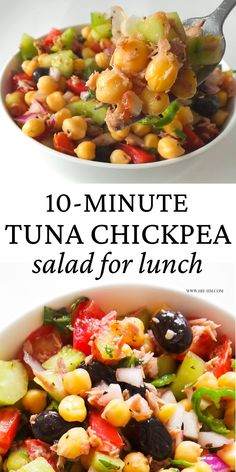 two bowls filled with different types of food and the words 10 - minute tuna chickpea salad for lunch