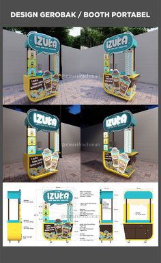 three different views of an outdoor kiosk with the name zuka on it