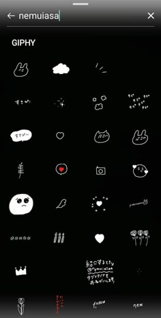 an iphone screen with various stickers and symbols on the back ground, including text that reads giphy