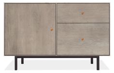 the sideboard is made from wood and has two drawers, one with orange knobs