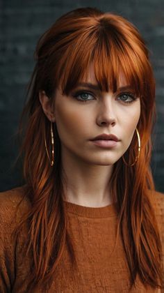 Fall Hair Colors Dark Copper Face-Framing Layers 🌟 Long Red Hair With Bangs And Layers, Dark Copper Hair With Bangs, Red Hair Bangs Long, Dark And Copper Hair, Bangs On Red Hair, Fall Copper Hair Color, Asian Copper Hair, Dark Hair With Fringe, Dark Red Hair With Bangs