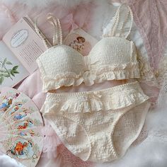 Sweet Ruffles Girly Kawaii Princess Nymphet lolita 2-piece Lingerie Set featuring bra with cups that are padded with removable inserts to enhance your shape (no underwiring), detailed with ruffles, and matching ruffle panties. The bra has adjustable straps, so you can customize the fit Gojo Aesthetic, Kawaii Pastel Aesthetic, Pastel Lingerie, Kawaii Swimsuit, Kawaii Princess, Deer Doll, Fashion Kawaii, Aesthetic Clothing, Fashion Korean