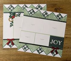 two christmas cards on top of each other with ribbon around the edges and holly decorations