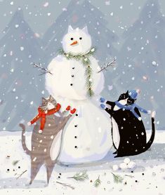 two cats are playing with a snowman in the snow