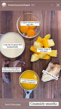 ingredients to make cremesice smoothie on a wooden table with text overlay