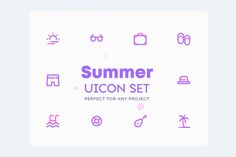 the summer icon set includes pink and purple icons