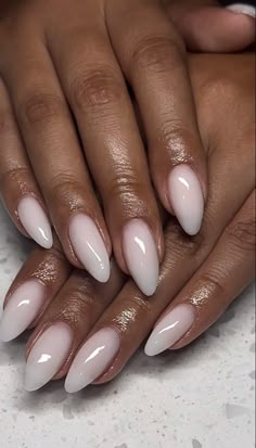 Neutral Unique Nails, Nails For Debutante, Medium Almond Nails Milky White, Milky White Gel Nails Almond, Milky White Nails On Dark Skin, Extra Short Gel X Nails Almond, Soft White Almond Nails, Milky White Almond Nail Ideas, Milky White Nails Black Women