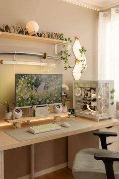 a desk with a computer monitor and keyboard on it