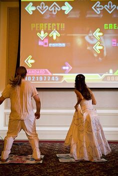 Dance dance revolution as first dance! LMFAO! Video Game Wedding, Gamer Wedding, Geeky Wedding, Nerdy Wedding, Geek Wedding, Projection Screen, Kids Entertainment