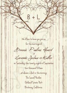 a wedding card with a heart shaped tree on the front, and initials in the middle