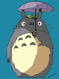 a cartoon character holding an umbrella in front of his face and the caption, totoro