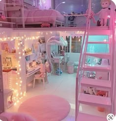 a pink loft bed with stairs and lights