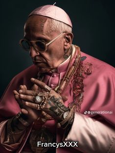 an older man with tattoos on his hands and wearing a pink robe, holding a rosary