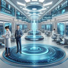 two people are standing in a futuristic office