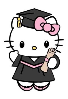 a hello kitty graduate in her graduation cap and gown, holding a pipe with the caption's name on it