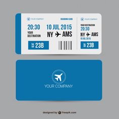 an airplane ticket is shown on a gray and blue background