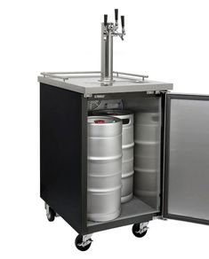 an open cabinet with two keg tanks on wheels and a tank in the middle